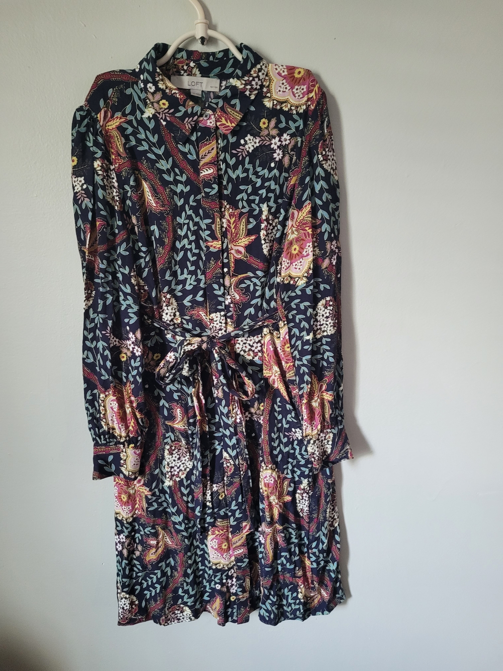 LOFT Navy Floral Button-Front Shirt Dress